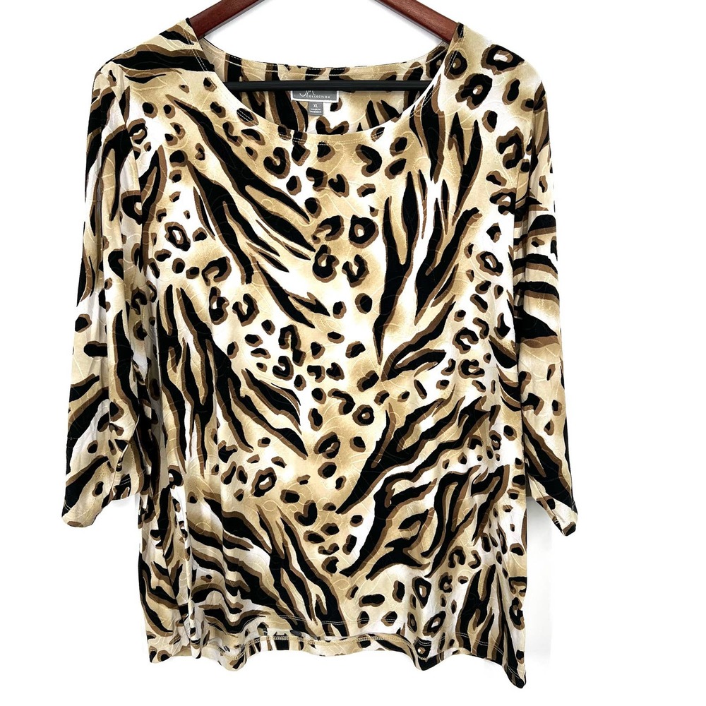 JM Collection Womens Sz XL Leopard Cheetah Stretchy Blouse Shirt Top Business